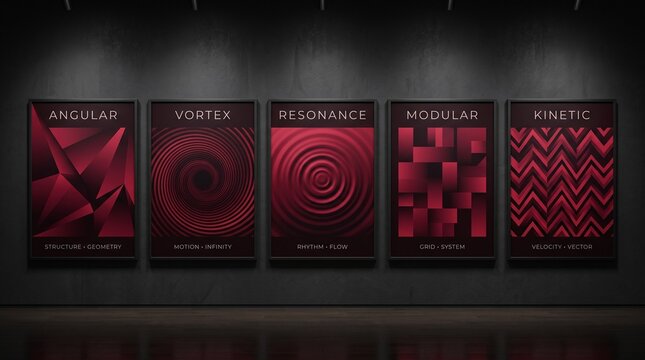 Five modern red graphic design posters displayed in a dark gallery wall exhibition.