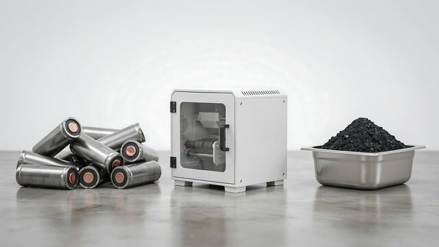 Industrial metal waste and discarded batteries being processed into raw material components with metal recycling