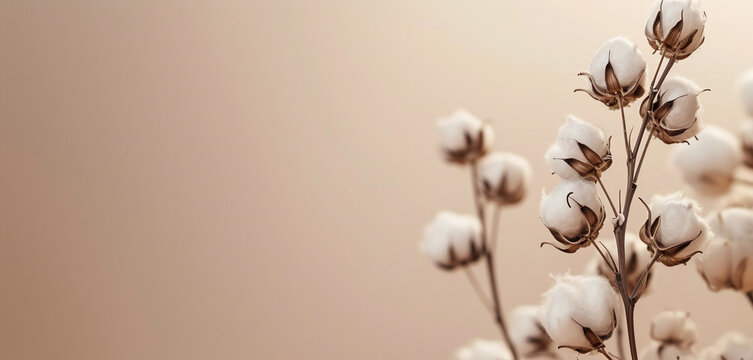 Minimalist cotton plant Gossypium branch with soft white bolls on beige background for gentle organic cosmetic product design background and natural lifestyle eco friendly wellness spa template compos