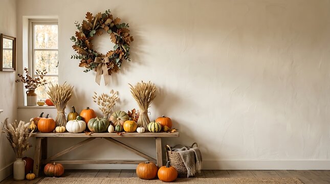 Autumnal entryway display with pumpkins and a seasonal wreath