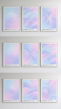 Set of nine abstract holographic posters with soft pastel gradient wave patterns.