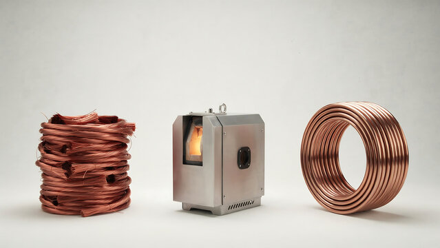 Scrap copper wire transformed into refined copper coils through industrial smelting and processing with metallurgy