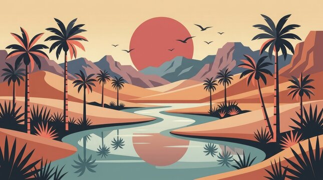 Desert oasis sunset palm trees reflective water tranquil landscape