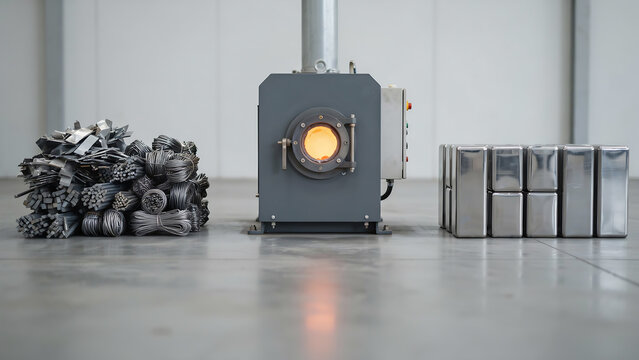Scrap metal turnings and chips transformed into stacked aluminum ingots through industrial smelting with metallurgy