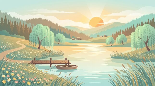 Peaceful river landscape with trees and sunset in painted style