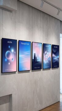 Modern gallery wall with abstract gradient digital art posters on a concrete wall interior.