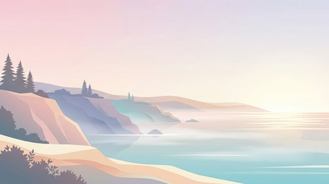 Peaceful coastal landscape with soft pastel colors at sunrise