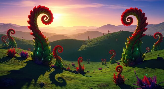 Whimsical fantastical alien landscape with curled plants under a vibrant sunset sky
