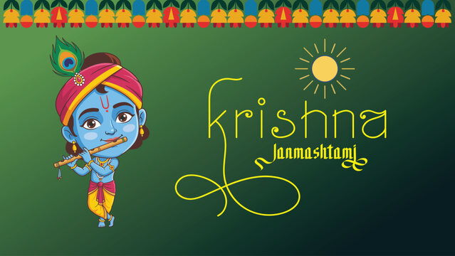 Krishna Janmashtami Indian Festival Celebration Featuring Adorable Blue Baby Krishna Playing a Golden Flute with Decorative Hanging Matki Pots Peacock Feathers Traditional Indian Ornaments and
Vibran