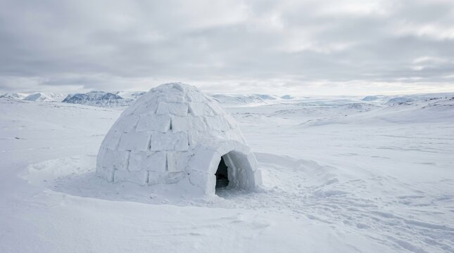 A snow-covered igloo in a vast, snow-covered landscape with a cloudy sky.
