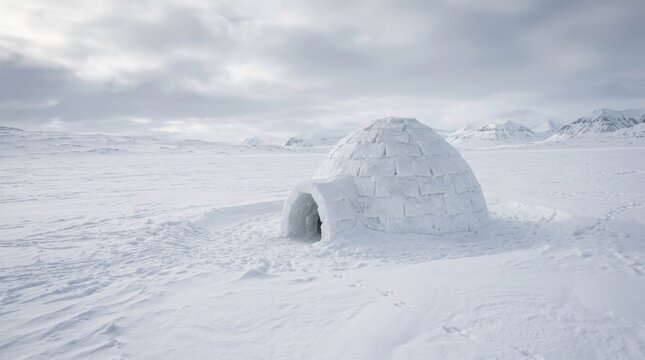 A snow-covered igloo in a vast, snow-covered landscape with a cloudy sky.