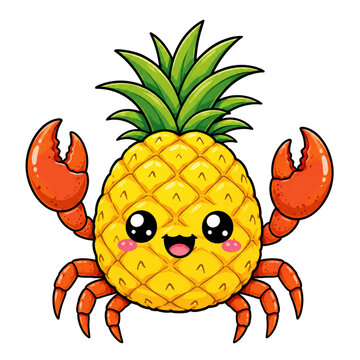 Cute pineapple crab character illustration with tropical fruit body, claws and kawaii cartoon style, colorful summer mascot design, transparent background PNG