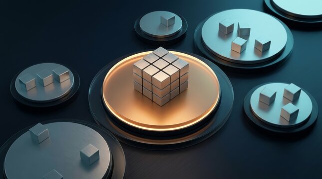 Abstract metallic cube assembly on glowing golden platform with surrounding blue discs