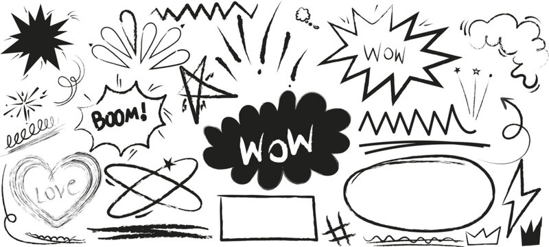 Hand drawn comic speech bubble and explosion set. Black line sketch comic element vector. sketchy sound effect callouts, lightning bolts, hearts, and pop art doodle