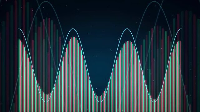 Abstract digital financial data visualization with moving candlesticks and wave lines on dark blue background