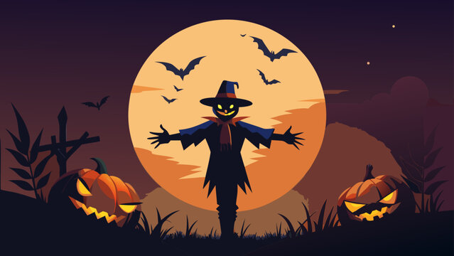Spooky Halloween scarecrow vector illustration, creepy jack-o-lantern pumpkins in graveyard, full moon night with bats and dark sky
