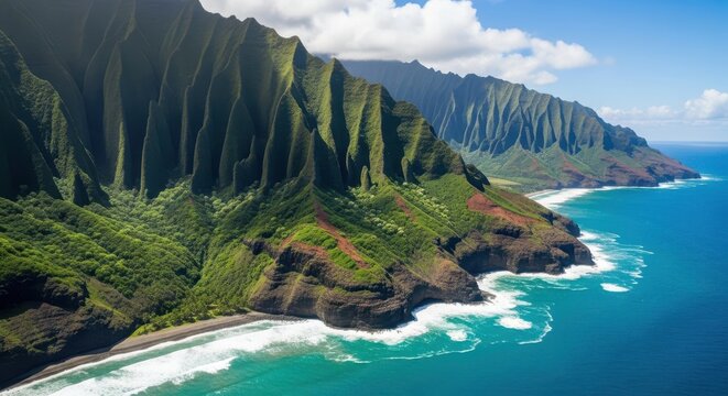Dramatic napali coast cliffs meeting the vibrant blue ocean in hawaii