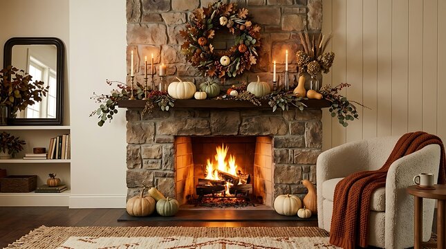 Warm and inviting living room with a decorated fireplace and cozy ambiance