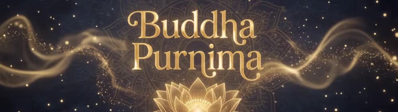 Buddha purnima festival displaying golden text an illuminated lotus and sacred mandala patterns against a dark sky.
