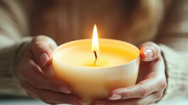 Hands holding a lit candle with a warm glow