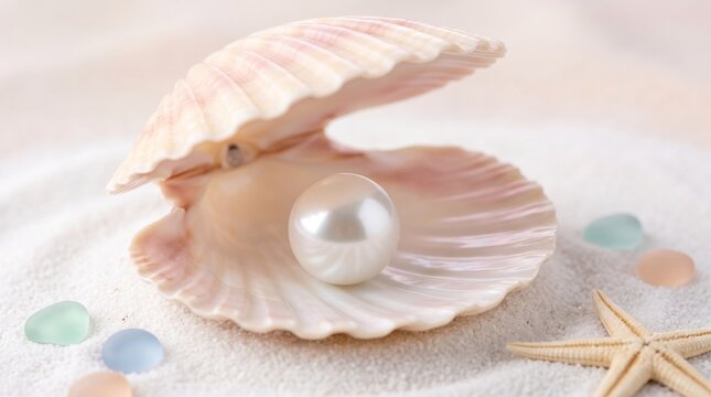 Elegant shiny pearl resting inside an open pink scallop seashell on smooth white sand with sea glass pebbles and a starfish in soft lighting.