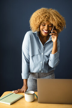 Woman Talking on the Phone While Working at a Desk in an Office