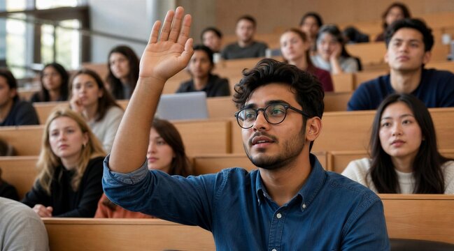 Student raising hand in lecture hall