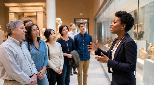Museum guide explaining exhibits to a diverse group