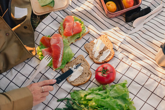 Woman preparing salmon sandwiches with fresh vegetables on a picnic blanket outdoors