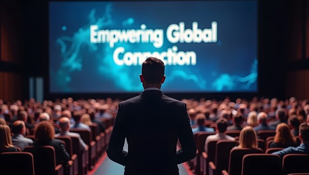 Professional businessman deliver keynote speech on stage in large auditorium before large audience event success strategy innovation conference leadership communication business corporation modern fut