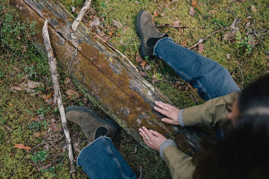 Woman sitting on a forest floor and touching a moss-covered fallen tree with her hands, experiencing a tactile connection with nature in a peaceful woodland