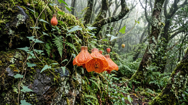Vibrant orange abutilon flowers hanging gracefully inside a lush misty green laurel forest during daytime light