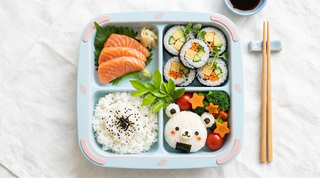Japanese bento box with salmon sashimi, sushi rolls, rice and cute bear shaped onigiri