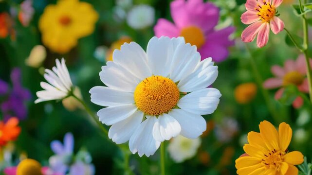 Close-up of a White Daisy in a Colorful Summer Garden