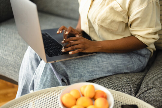 Black Woman Working On Laptop, Close Up 