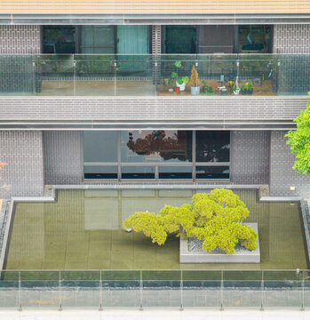 Aerial View Modern Zen Residence with Sculpted Tree Water Garden