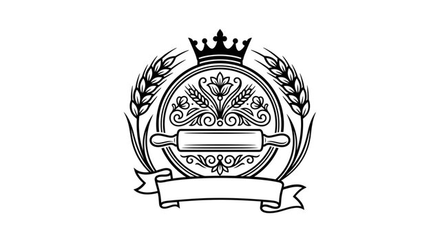 Elaborate bakery crest with rolling pin wheat and crown.