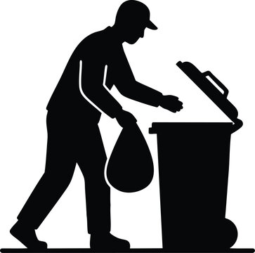 Black silhouette icon of a man throwing a garbage bag into a large trash can for waste management concept design
