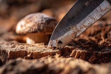 Fototapeta premium Mushroom with knife in forest setting showcases natural textures and earthy colors. Soft light illuminates wooden surface, enhancing details of mushroom and surrounding soil