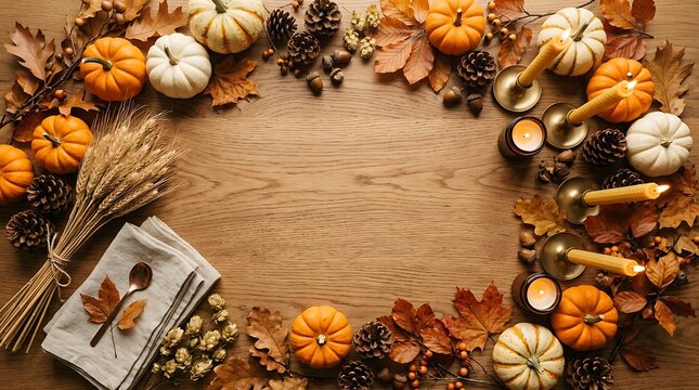 Autumn harvest arrangement with pumpkins and fall foliage on wood