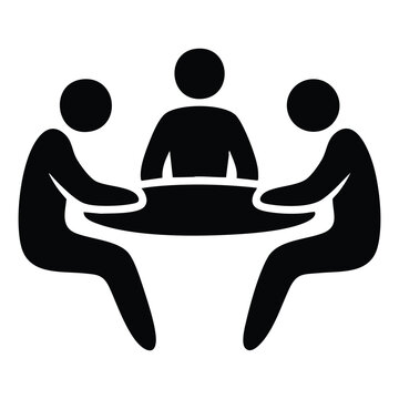 Black silhouette icon of three people sitting together at a round table for a business meeting discussion