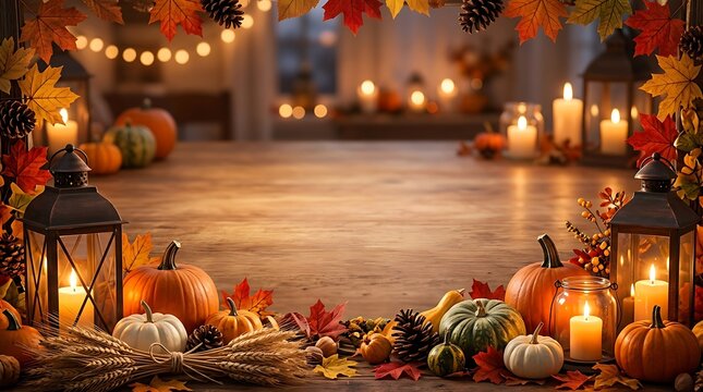 Warm autumn harvest scene with pumpkins and glowing string lights