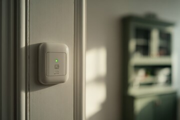 Naklejka premium Smart home device is mounted on wall with green light indicating functionality. Soft morning light casts shadows in background. Interior scene showcases modern decor