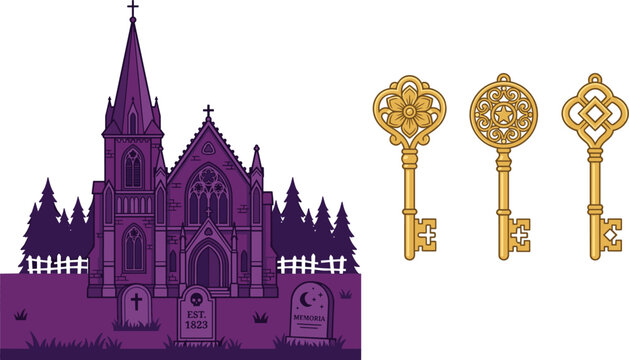 Gothic purple church cemetery building with tombstones pine trees and ornate golden antique skeleton keys collection