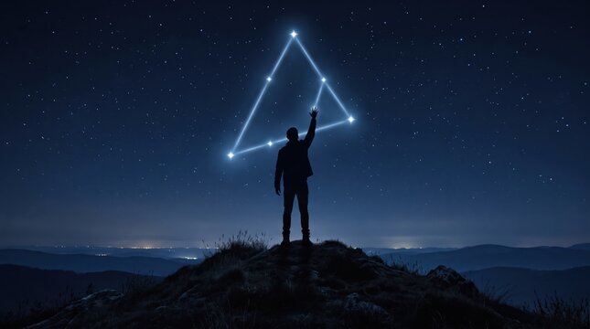 Silhouette of a man standing on a mountain peak at night reaching up towards a glowing blue triangle constellation in the starry sky, symbolizing ambition, spiritual connection