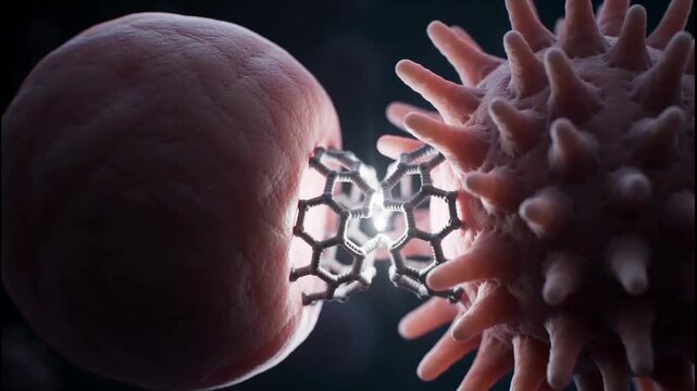 T cell white blood cell interacting with antigen presenting cell close up