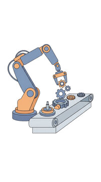 Robotic arm working with gears and cogs on a conveyor belt in a manufacturing environment