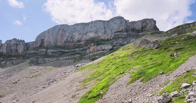 Panorama of rugged Ifen limestone cliffs in Kleinwalsertal Austria