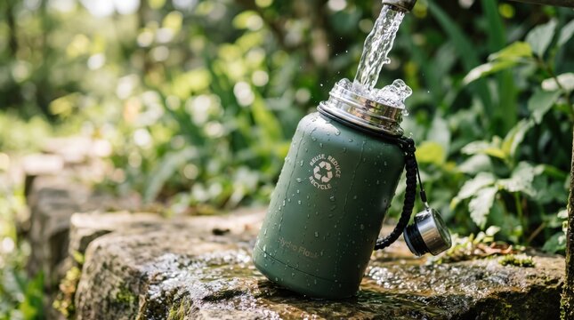 Green reusable water bottle being refilled with fresh water in nature setting, featuring recycle logo and eco-friendly message, symbolizing sustainability, zero waste lifestyle