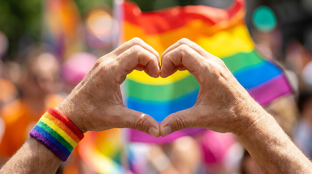 Close up of hands making a heart shape during a vibrant pride parade celebration with rainbow colors